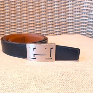 Hermes Belt H Silver Metal Buckle with Reversible Black / Brown Leather Strap 42